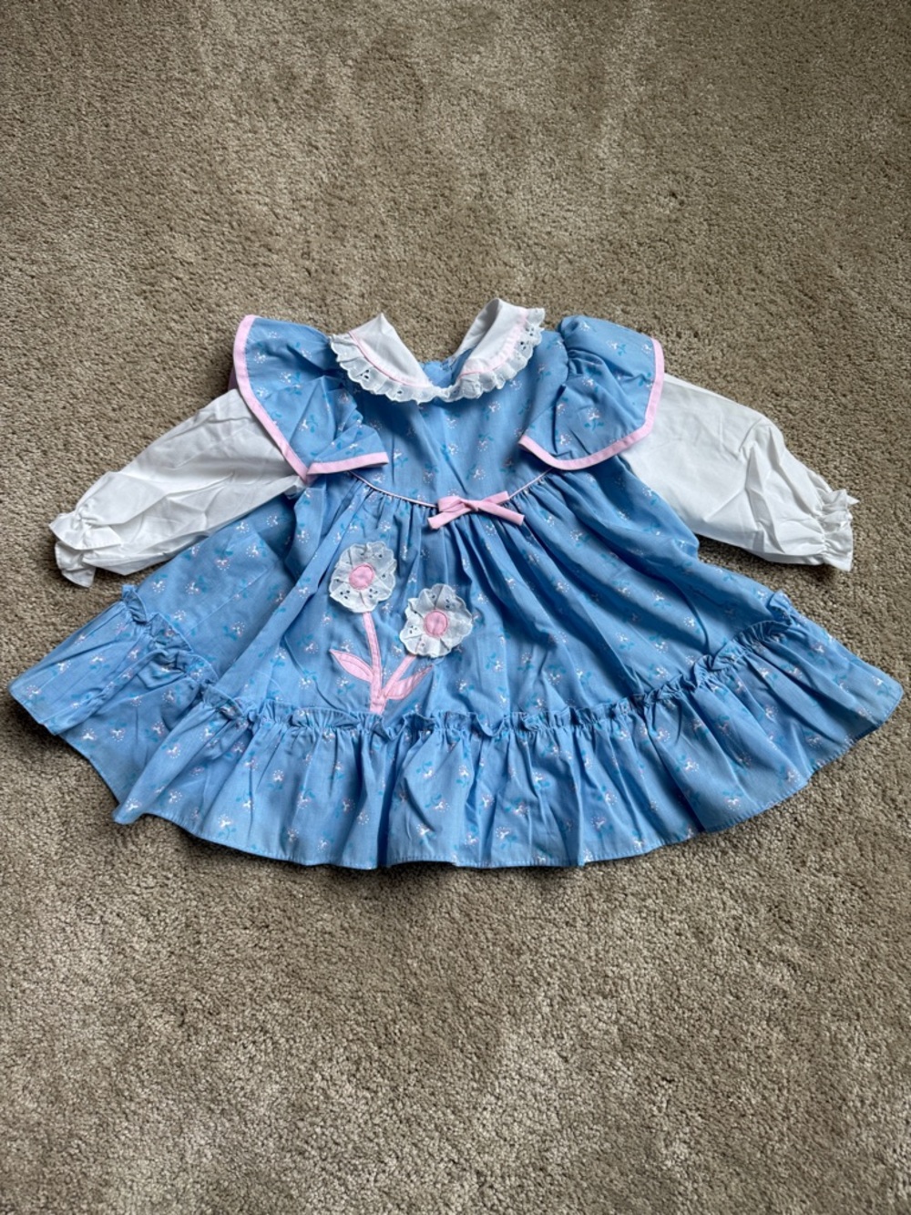 Vintage Blue Floral Applique Dress with Pink Accents